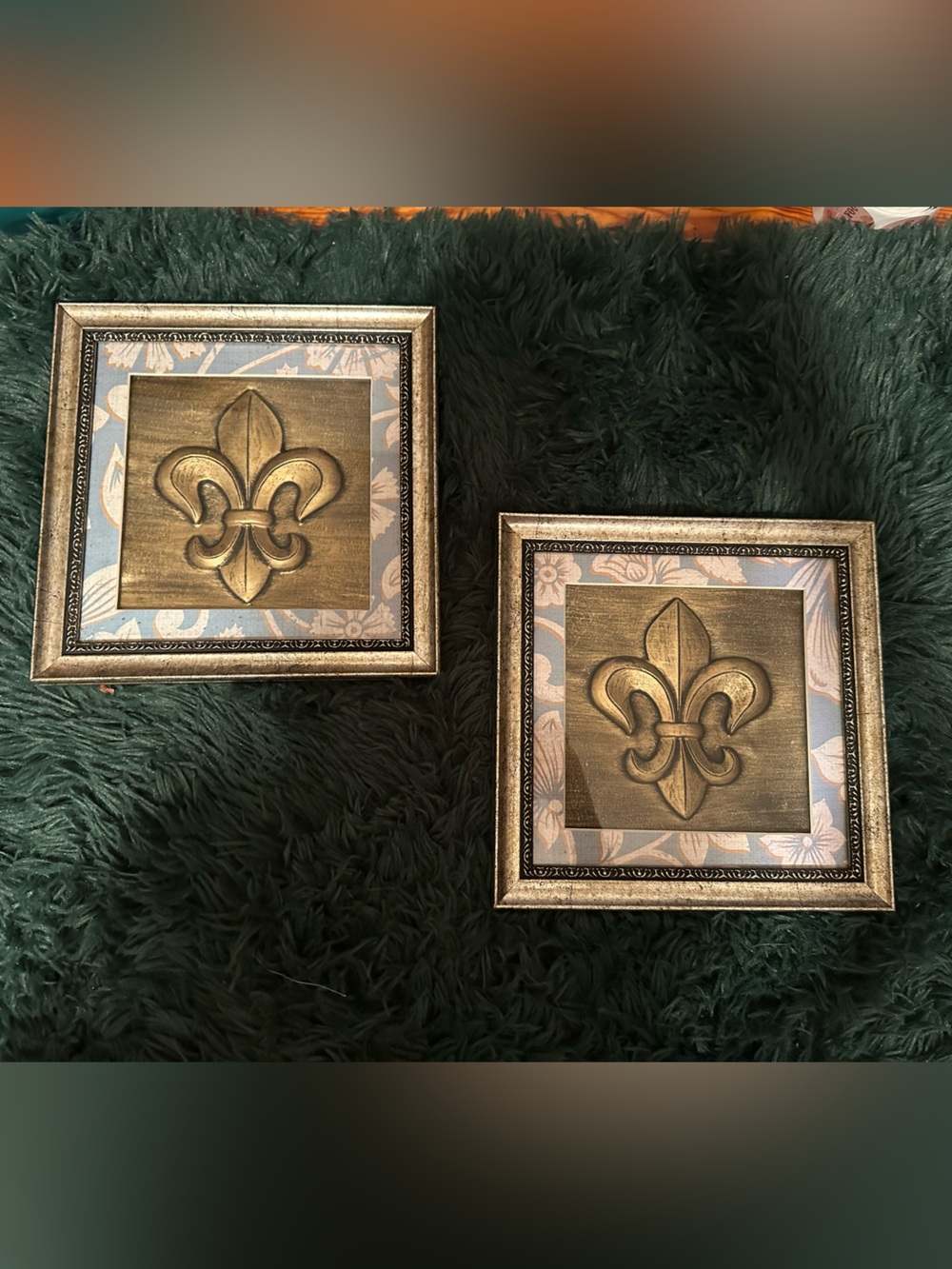Fleur de Lis Framed Wall Art Set of 2 Bronze Blue 10x10